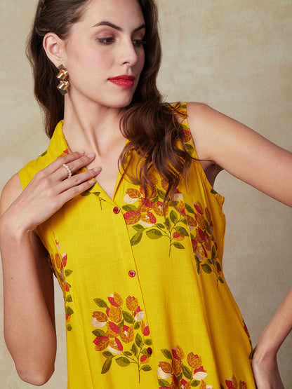 Floral Printed Paneled A-line Midi Dress - Yellow