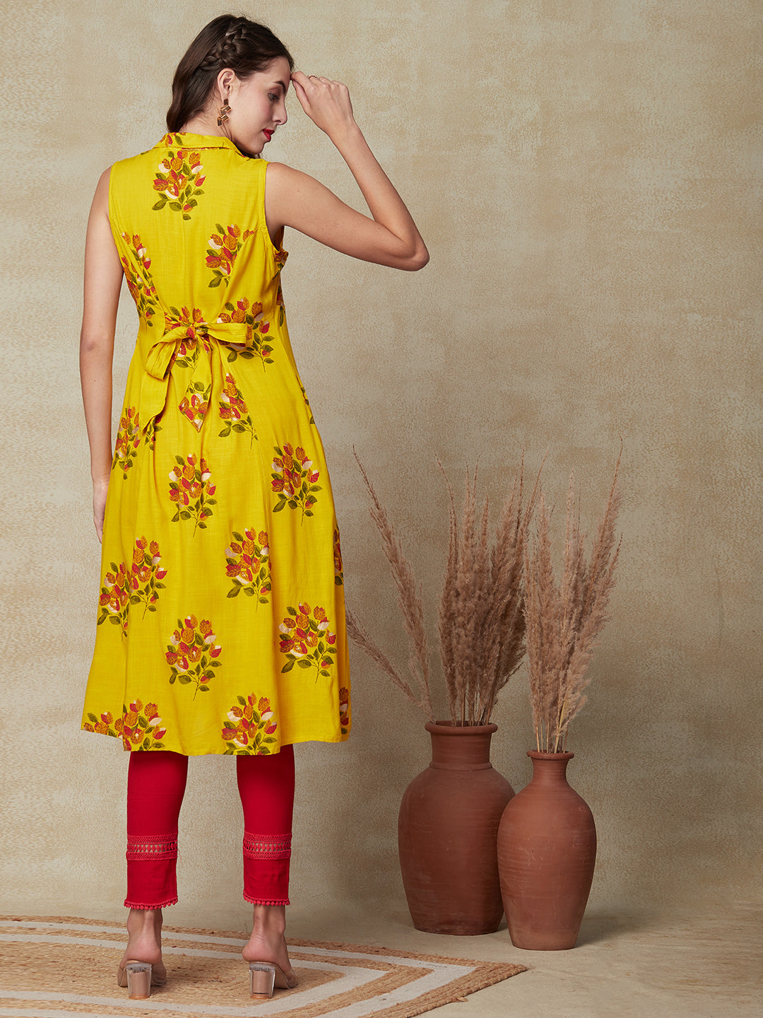 Floral Printed Paneled A-line Midi Dress - Yellow