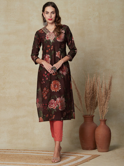 Floral Printed Zari, Sequins & Mirror Embroidered Kurta - Brown