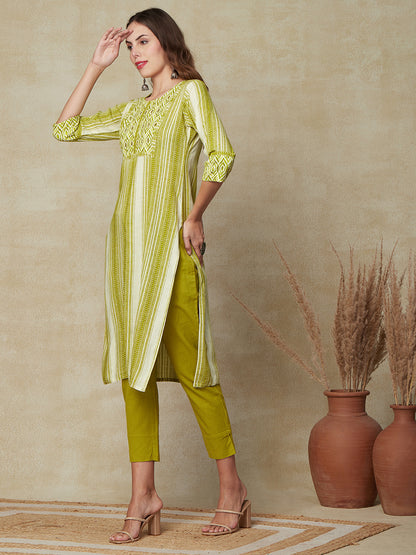 Stripes Printed Mirror, Resham & Sequins Embroidered Kurta - Green