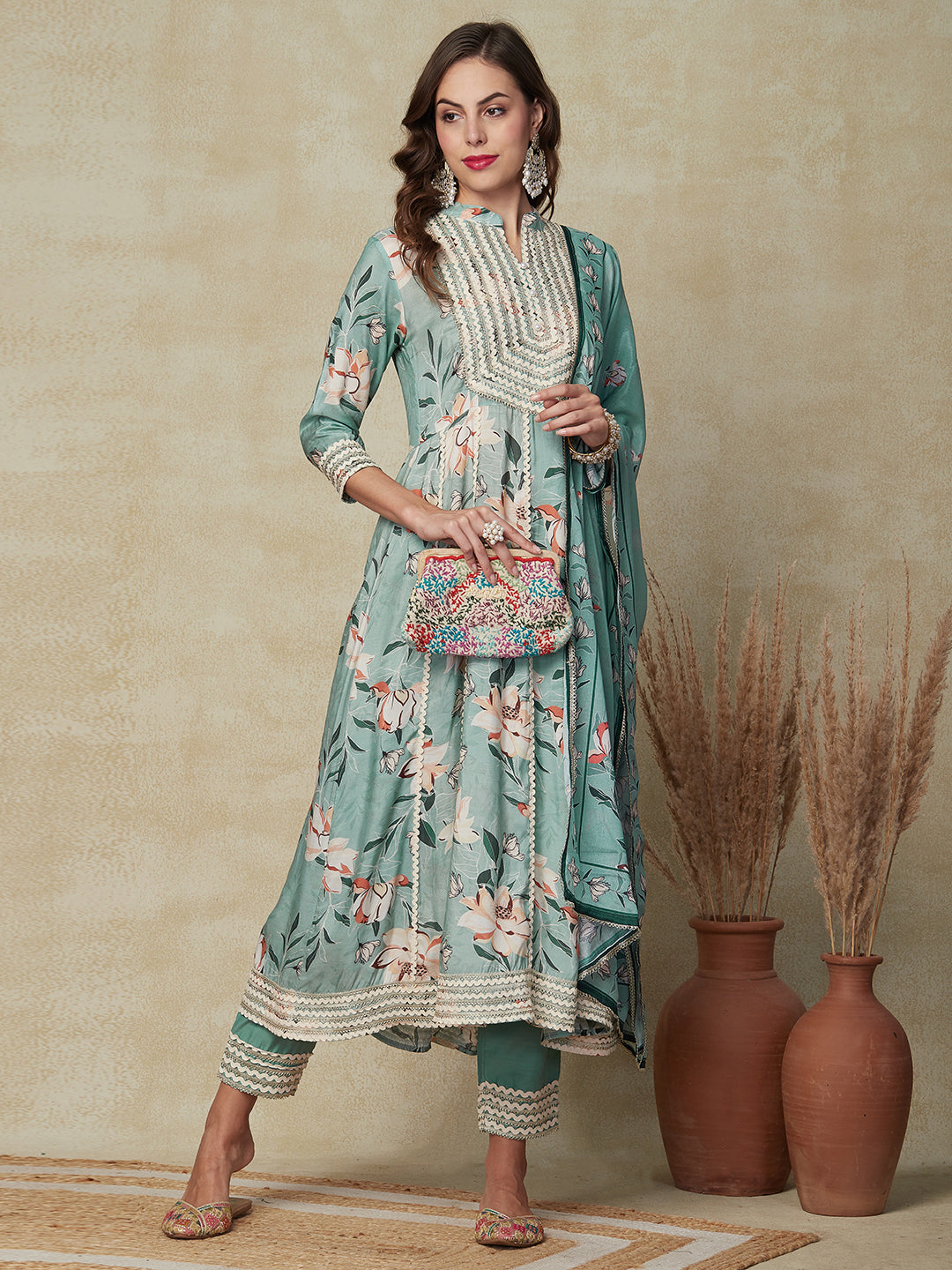 Floral Printed Lace Embellished Anarkali Kurta with Pants & Dupatta - Mint Green