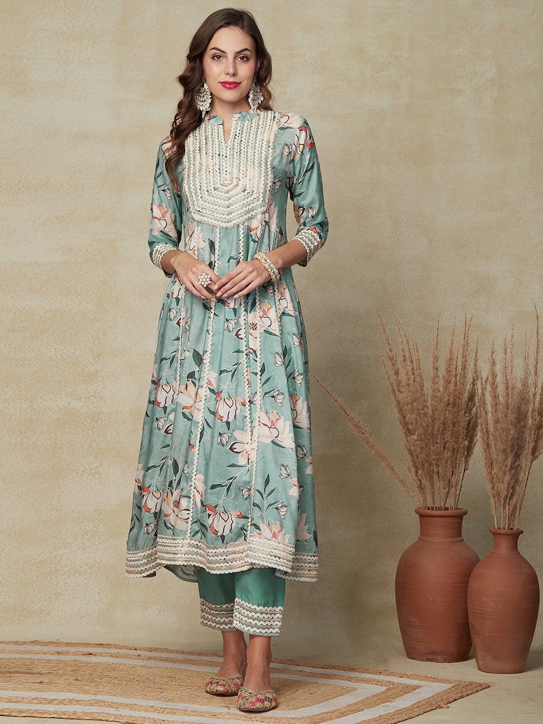 Floral Printed Lace Embellished Anarkali Kurta with Pants & Dupatta - Mint Green