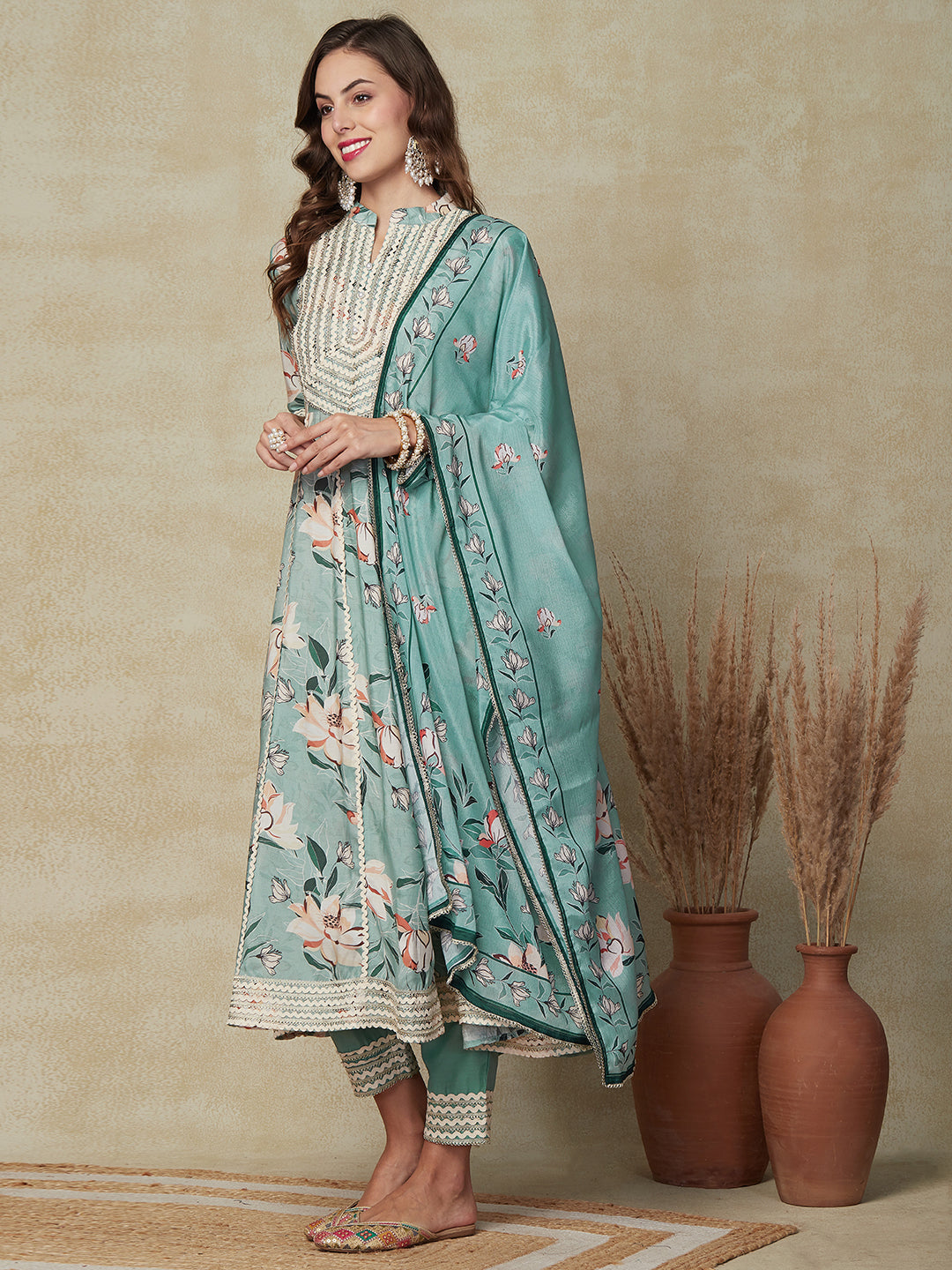 Floral Printed Lace Embellished Anarkali Kurta with Pants & Dupatta - Mint Green