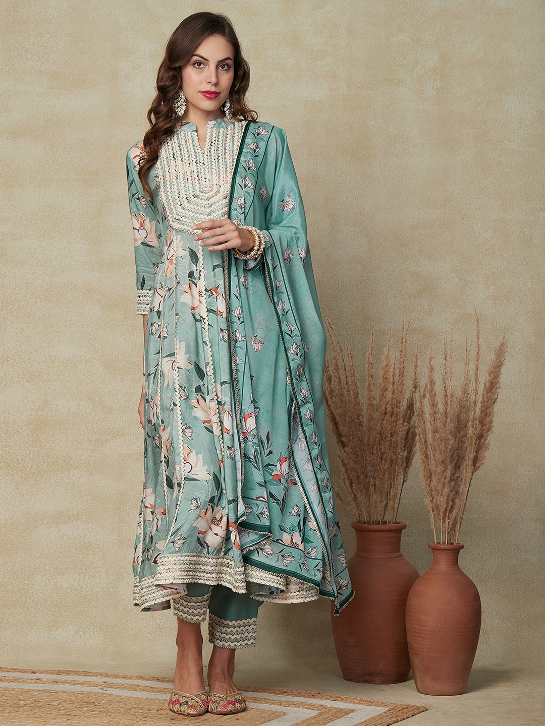 Floral Printed Lace Embellished Anarkali Kurta with Pants & Dupatta - Mint Green