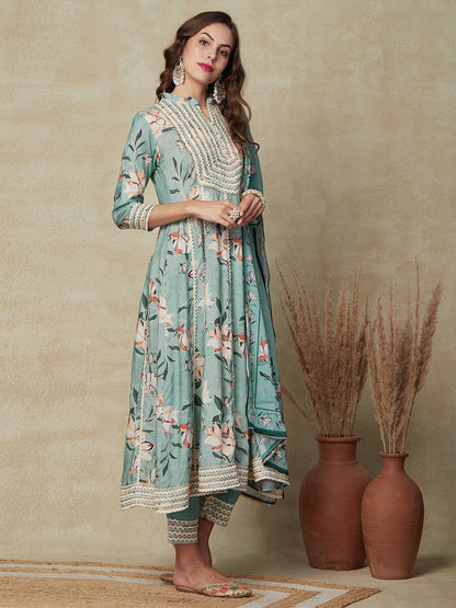 Floral Printed Lace Embellished Anarkali Kurta with Pants & Dupatta - Mint Green