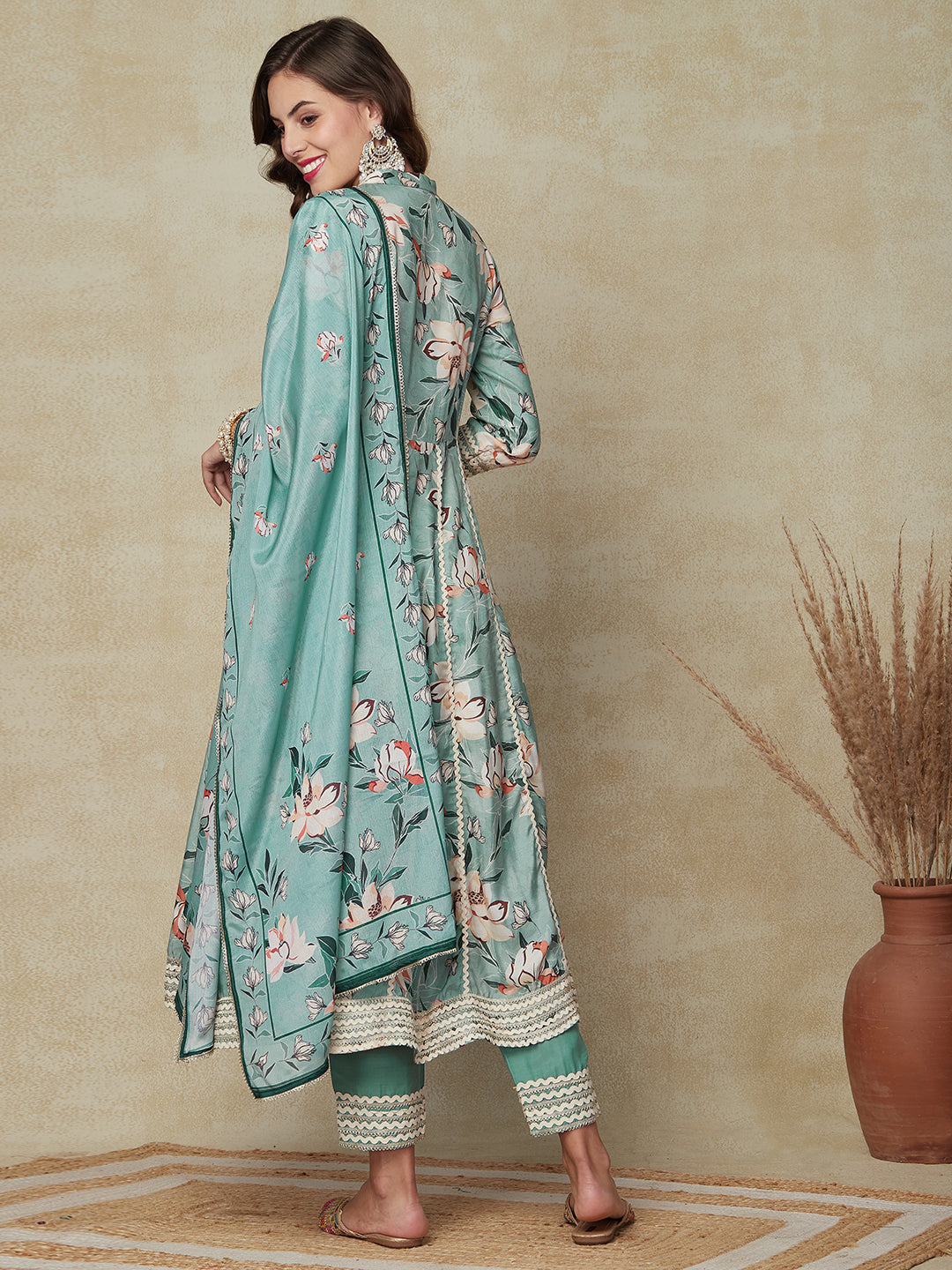 Floral Printed Lace Embellished Anarkali Kurta with Pants & Dupatta - Mint Green