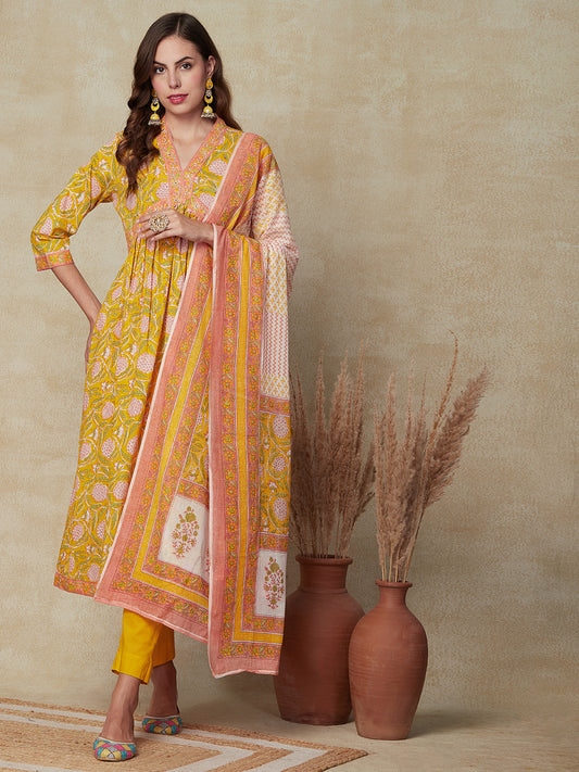 Floral Printed Mirror & sequins Embroidered Pleated Kurta with Pants & Dupatta - Yellow