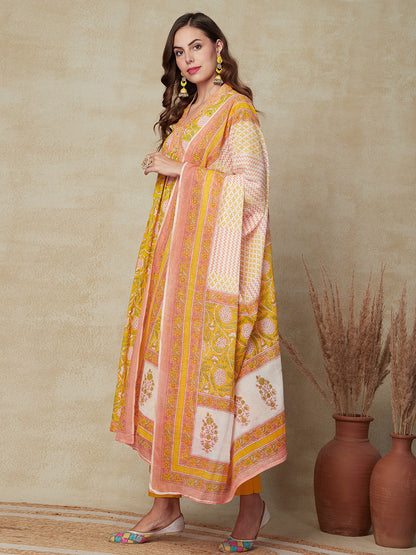 Floral Printed Mirror & sequins Embroidered Pleated Kurta with Pants & Dupatta - Yellow