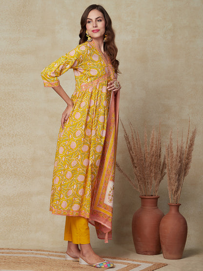 Floral Printed Mirror & sequins Embroidered Pleated Kurta with Pants & Dupatta - Yellow