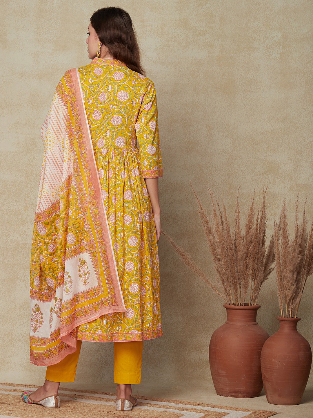 Floral Printed Mirror & sequins Embroidered Pleated Kurta with Pants & Dupatta - Yellow