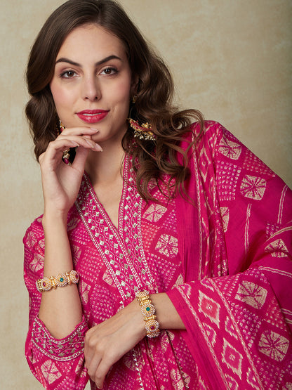 Ethnic Printed Mirror Embroidered Pleated A-line Kurta with Pants & Dupatta - Pink