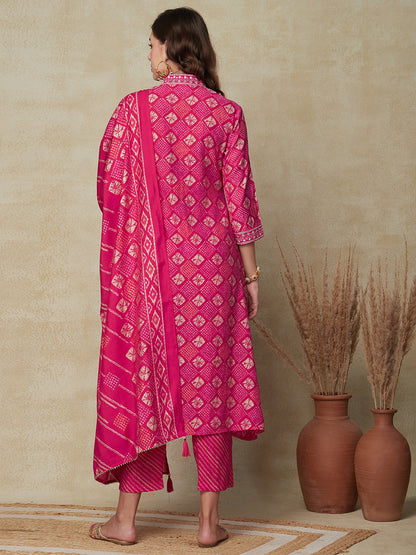 Ethnic Printed Mirror Embroidered Pleated A-line Kurta with Pants & Dupatta - Pink