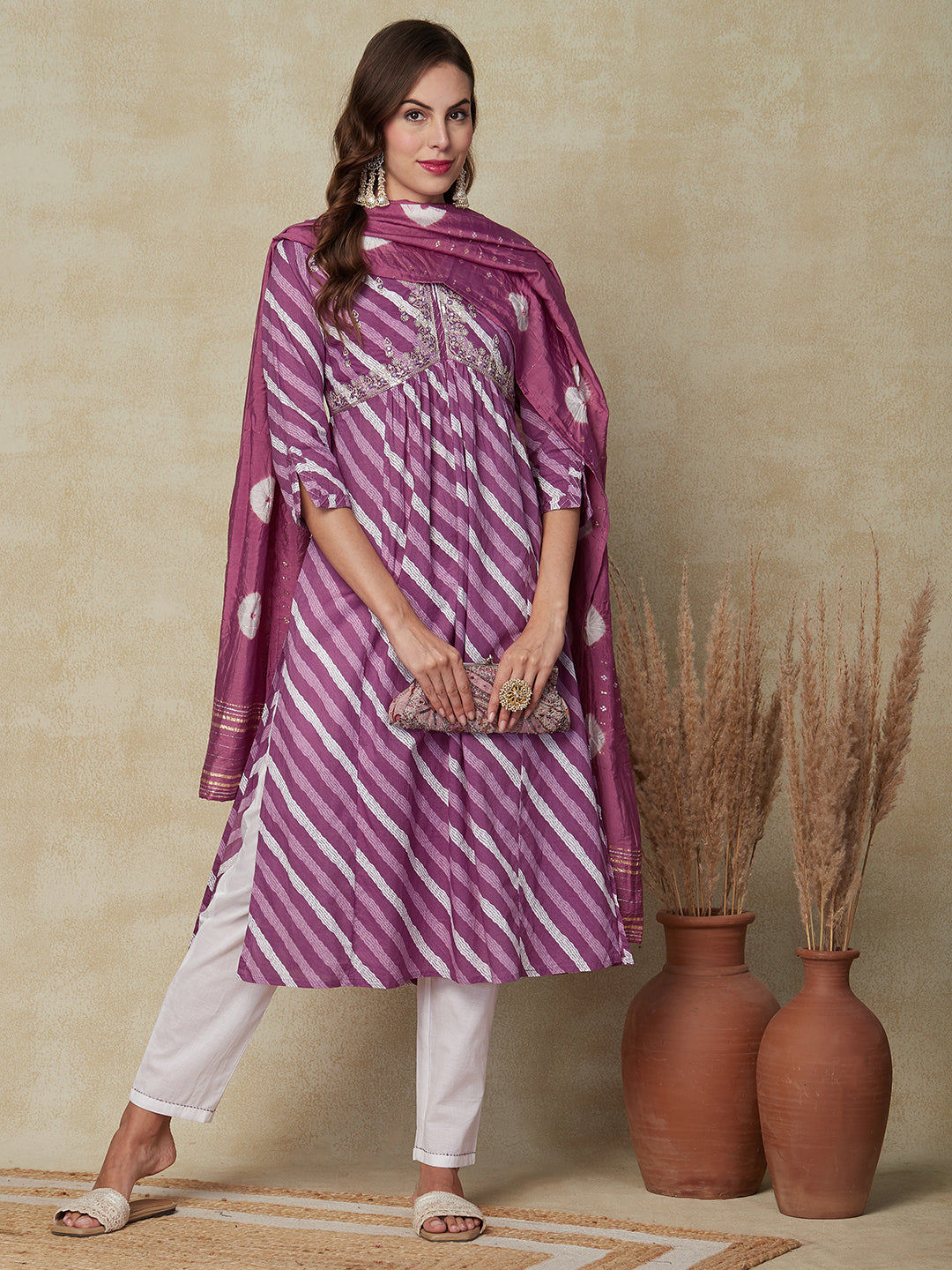 Diagonal striped Mirror Embroidered Pleated Kurta with Pants & Dupatta - Purple