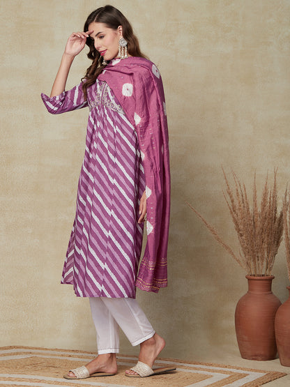 Diagonal striped Mirror Embroidered Pleated Kurta with Pants & Dupatta - Purple