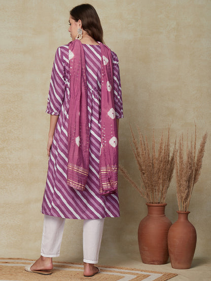 Diagonal striped Mirror Embroidered Pleated Kurta with Pants & Dupatta - Purple