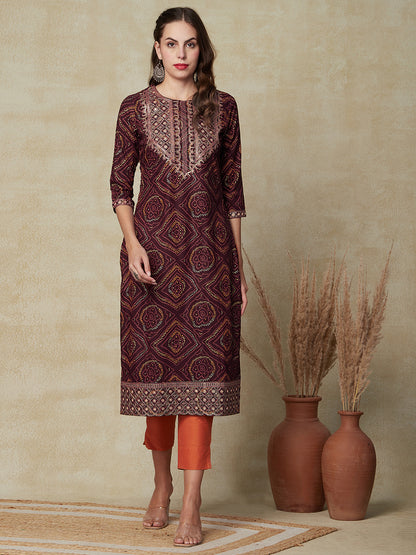 Ethnic Printed Mirror, Sequins & Zari Embroidered Kurta - Brown