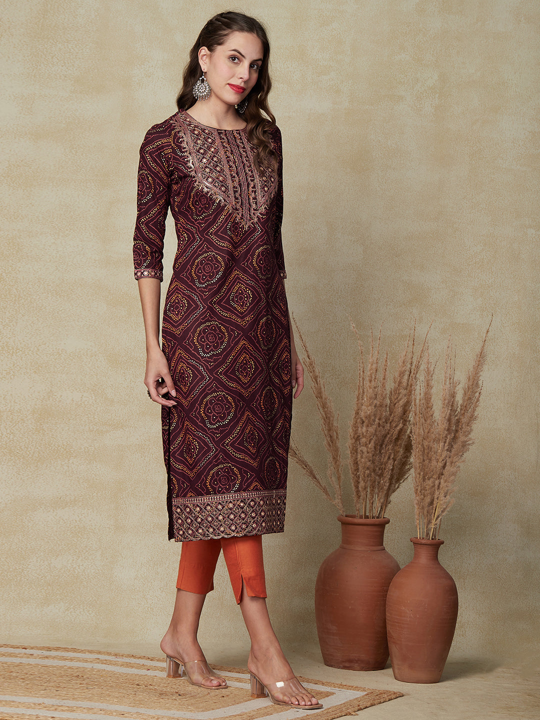 Ethnic Printed Mirror, Sequins & Zari Embroidered Kurta - Brown