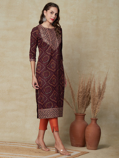 Ethnic Printed Mirror, Sequins & Zari Embroidered Kurta - Brown