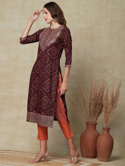 Ethnic Printed Mirror, Sequins & Zari Embroidered Kurta - Brown