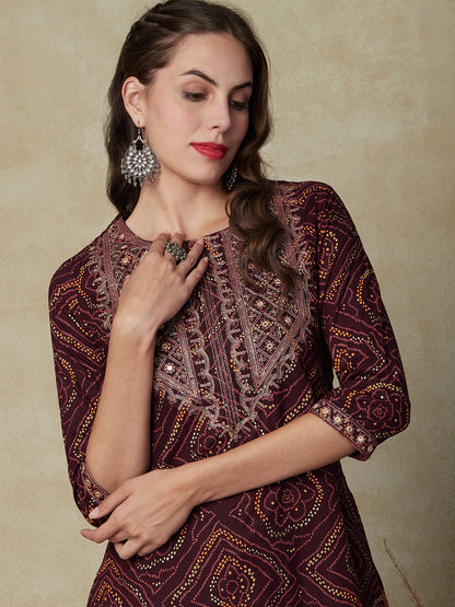 Ethnic Printed Mirror, Sequins & Zari Embroidered Kurta - Brown