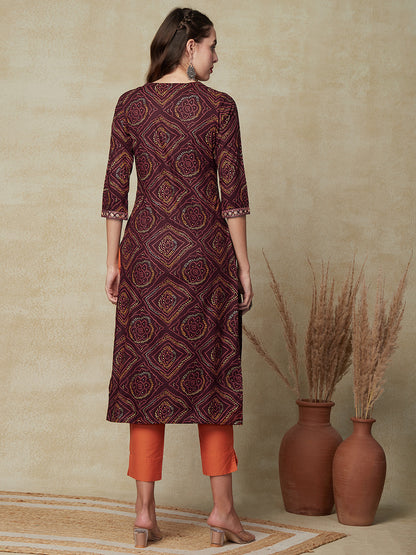 Ethnic Printed Mirror, Sequins & Zari Embroidered Kurta - Brown