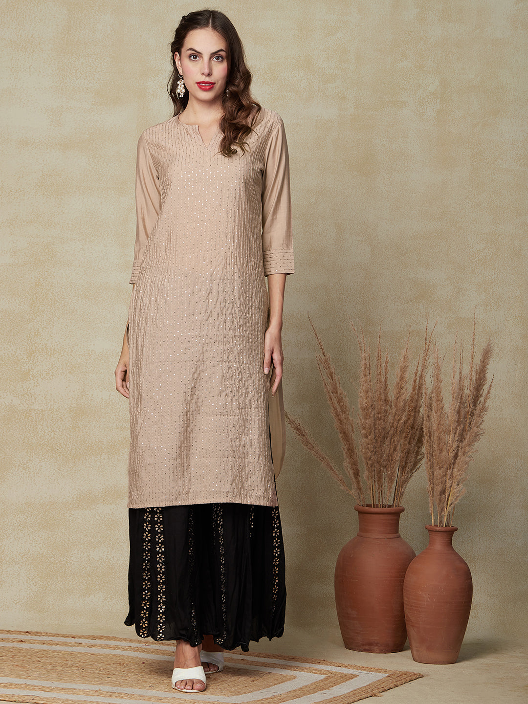 Solid Resham & Sequins Embroidered Striped Kurta - Taupe