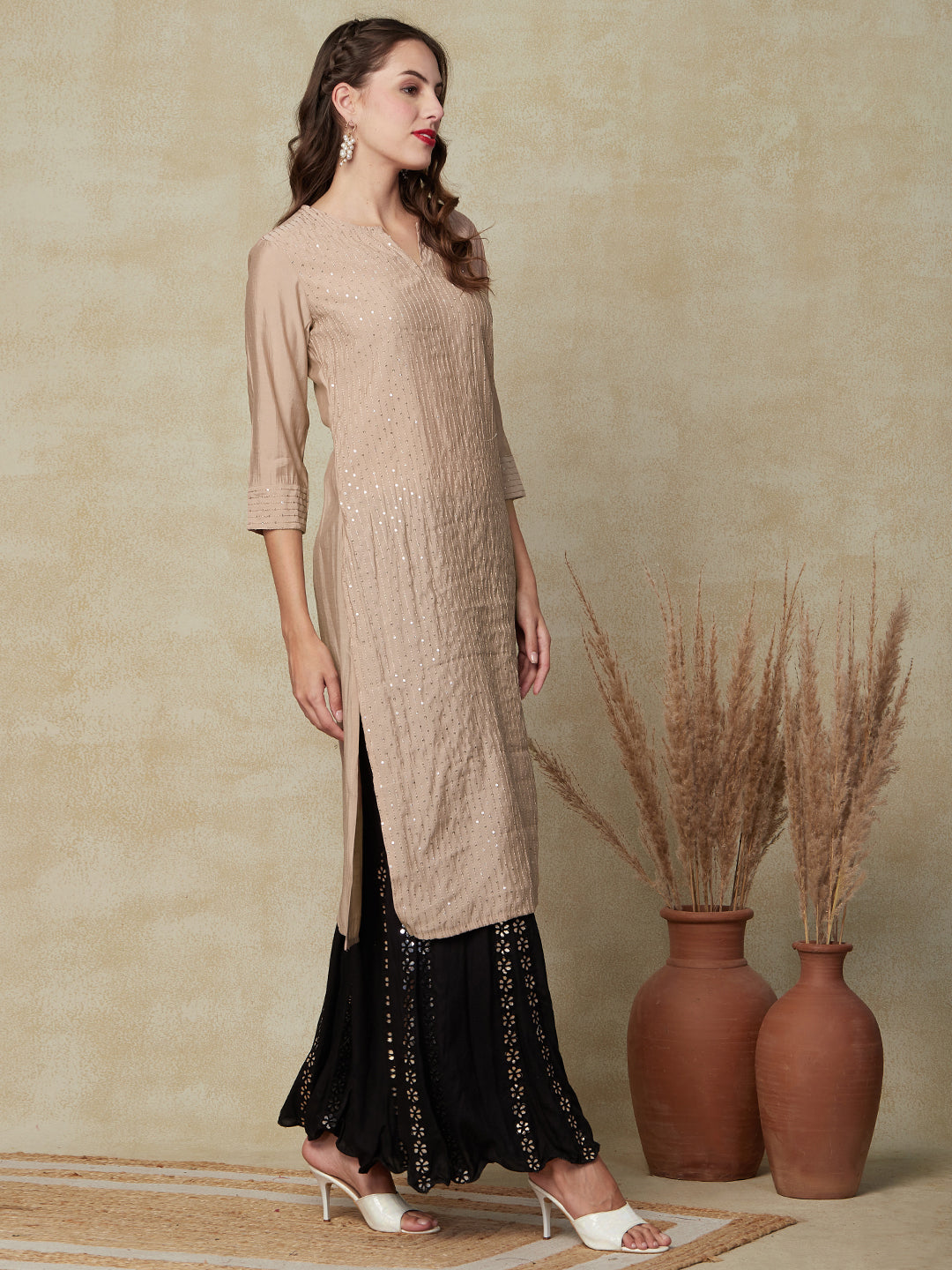 Solid Resham & Sequins Embroidered Striped Kurta - Taupe