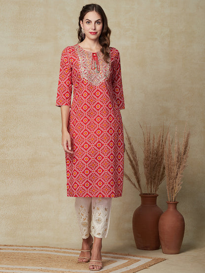 Bandhani Printed Zari Dori & Sequins Embroidered Kurta - Red