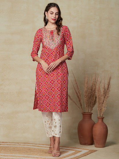 Bandhani Printed Zari Dori & Sequins Embroidered Kurta - Red