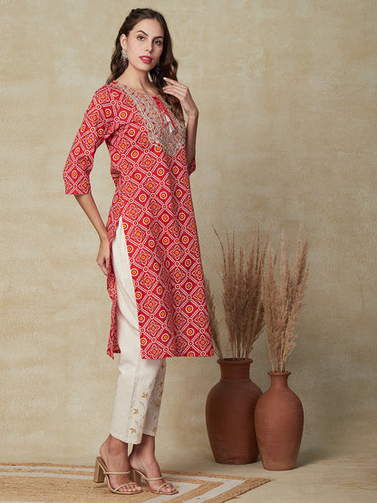 Bandhani Printed Zari Dori & Sequins Embroidered Kurta - Red