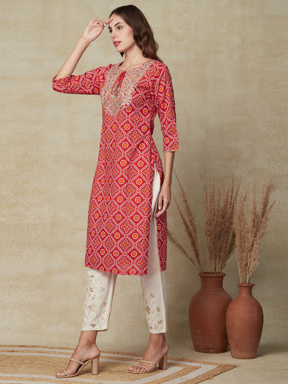 Bandhani Printed Zari Dori & Sequins Embroidered Kurta - Red