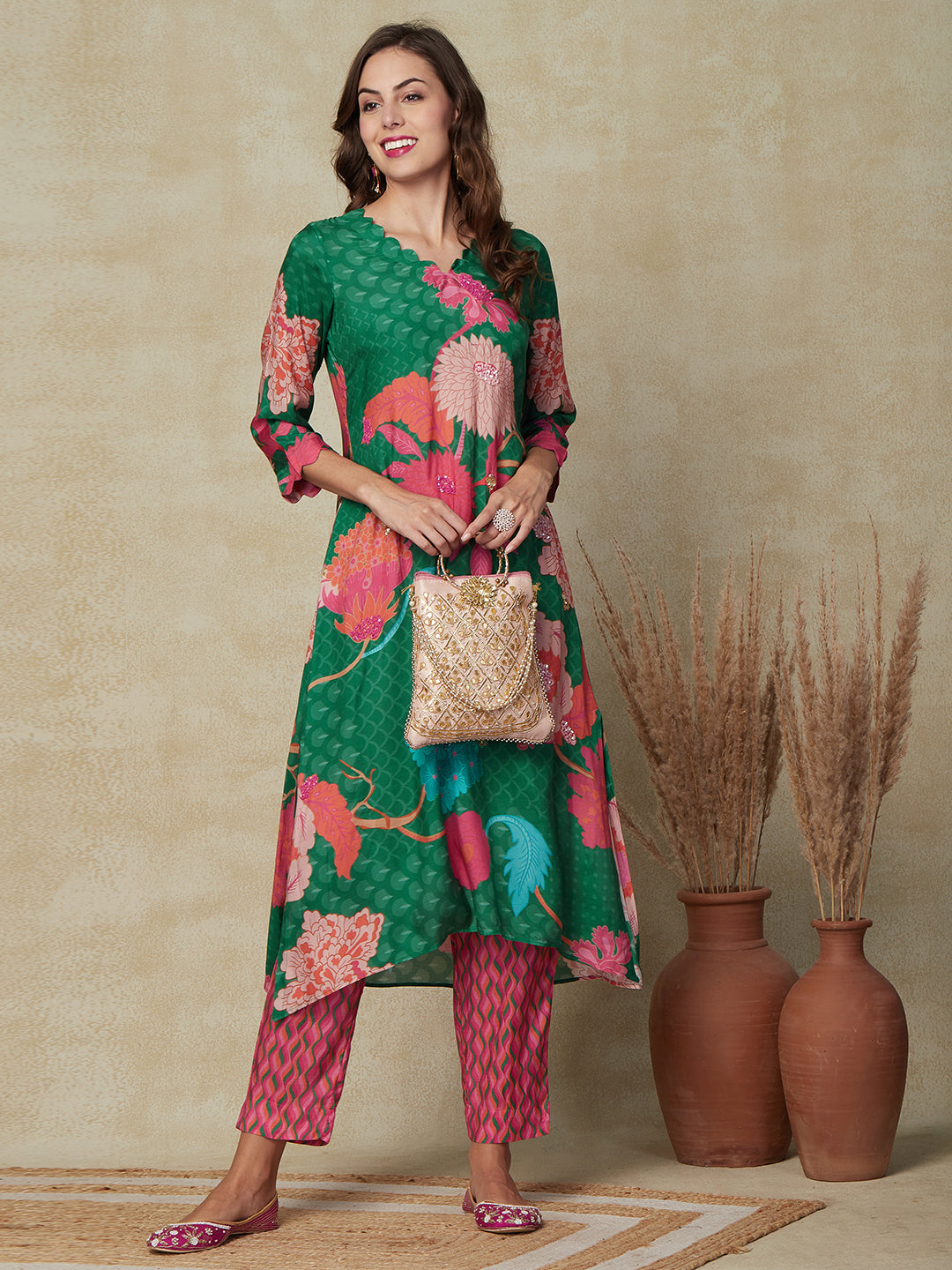 Floral & Abstract Printed Sequins Embroidered High-Low Hem Kurta with Pants - Green