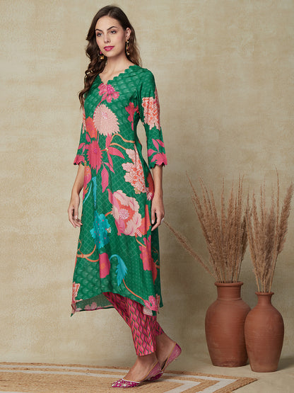 Floral & Abstract Printed Sequins Embroidered High-Low Hem Kurta with Pants - Green