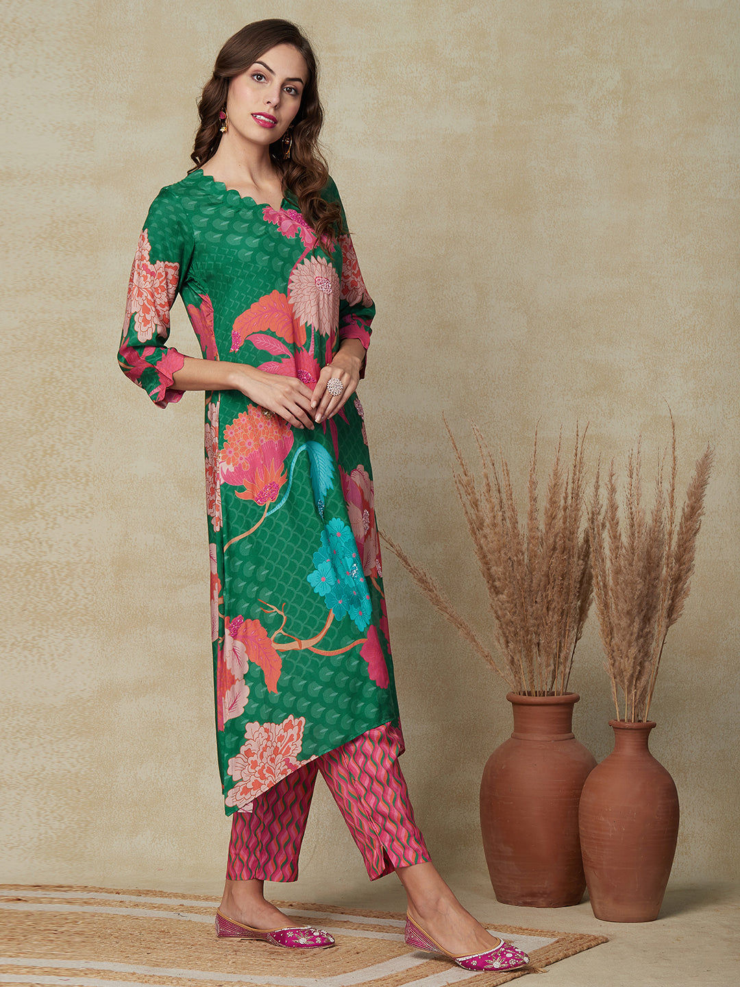 Floral & Abstract Printed Sequins Embroidered High-Low Hem Kurta with Pants - Green