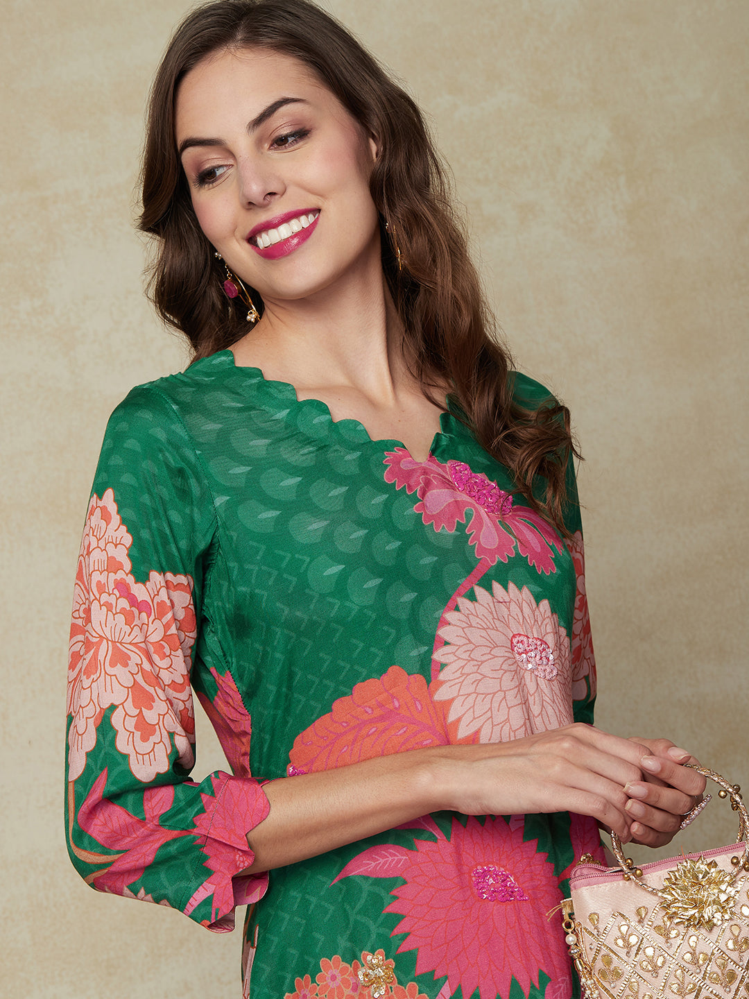 Floral & Abstract Printed Sequins Embroidered High-Low Hem Kurta with Pants - Green