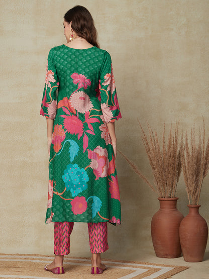 Floral & Abstract Printed Sequins Embroidered High-Low Hem Kurta with Pants - Green