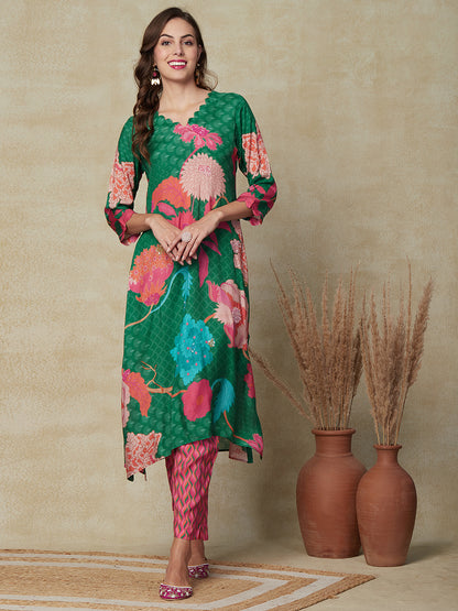 Floral & Abstract Printed Sequins Embroidered High-Low Hem Kurta with Pants - Green