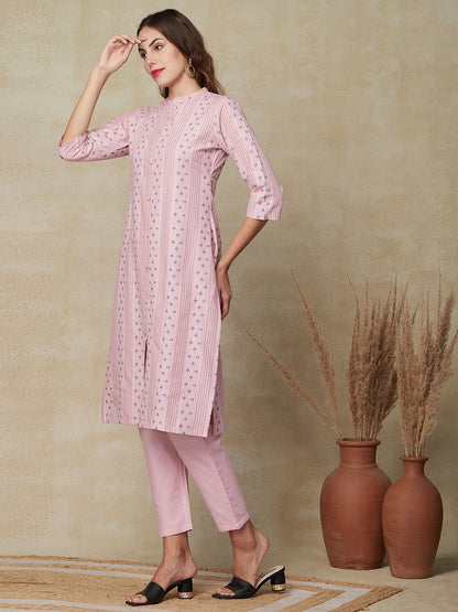 Woven Dobby Abstract Design & Striped Kurta with Pants - Pink