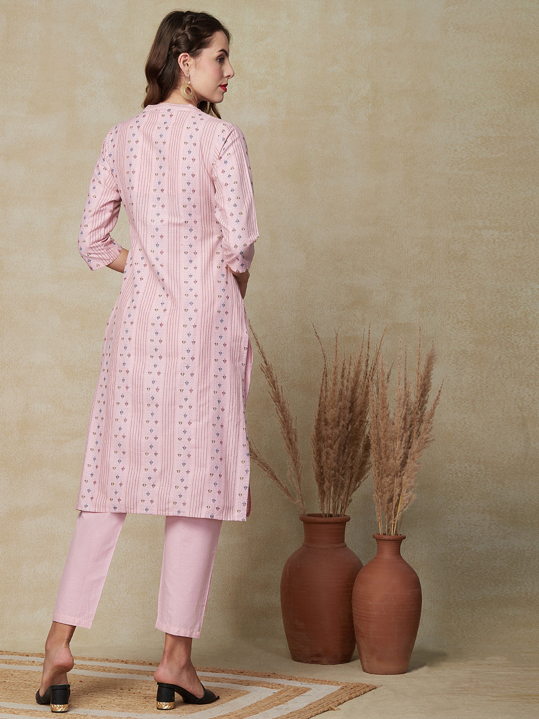 Woven Dobby Abstract Design & Striped Kurta with Pants - Pink