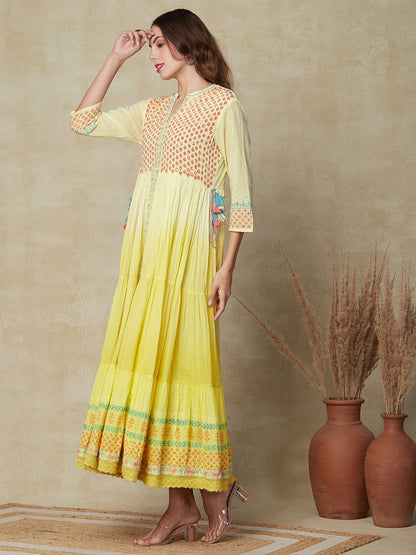 Abstract Printed Ombre Dyed Mirror & Resham Embroidered Tiered Maxi Dress - Yellow