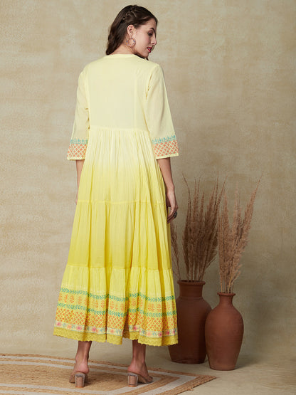 Abstract Printed Ombre Dyed Mirror & Resham Embroidered Tiered Maxi Dress - Yellow