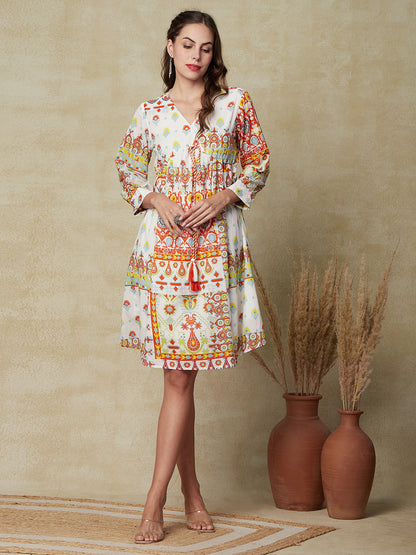 Floral & Abstract Printed Bishop Sleeves Flared Dress - Multi