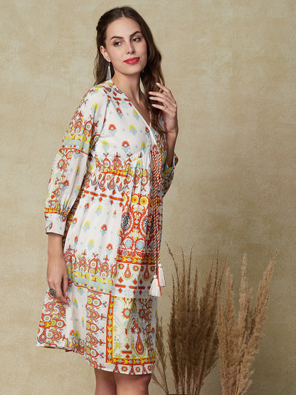 Floral & Abstract Printed Bishop Sleeves Flared Dress - Multi