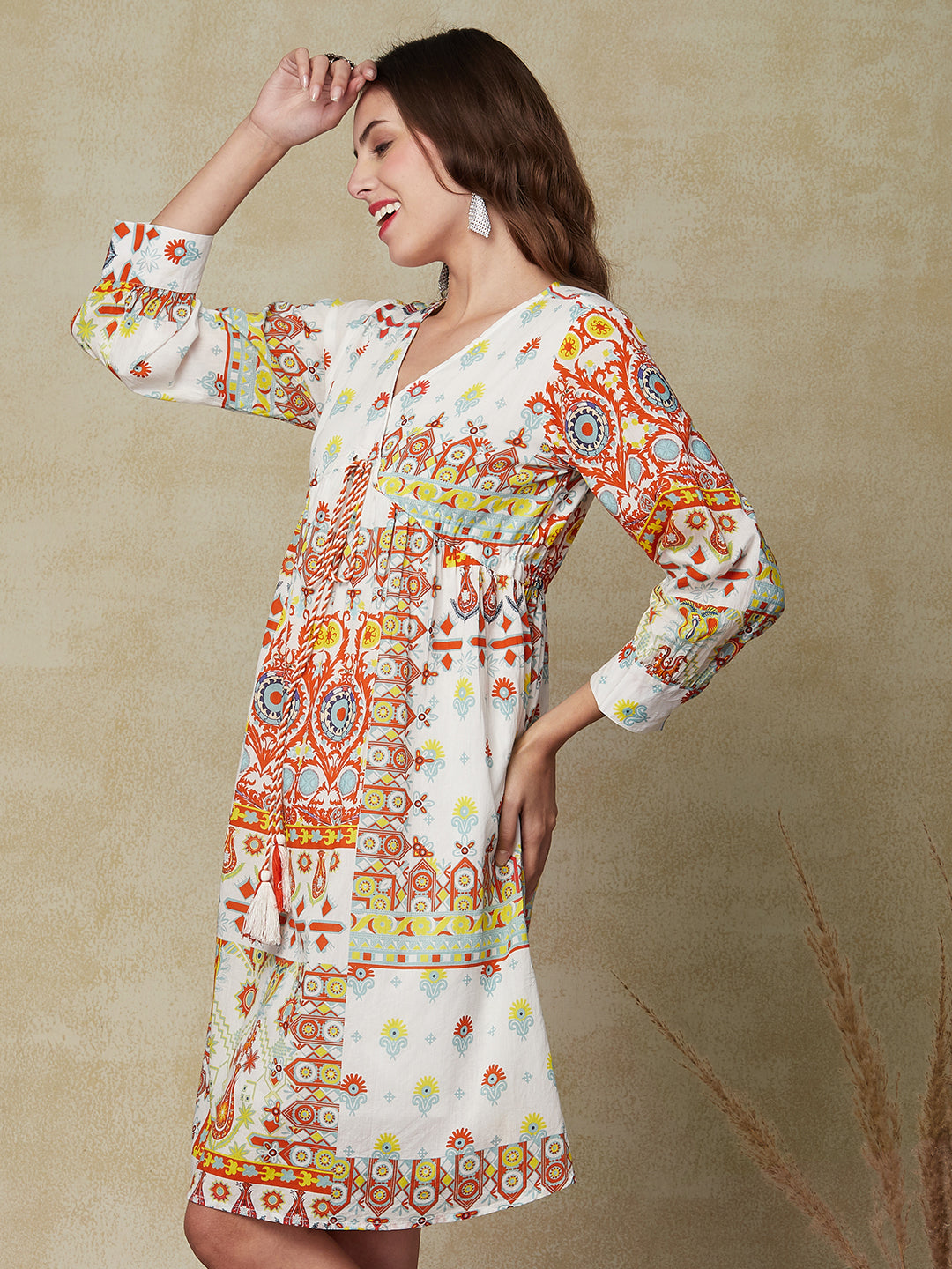 Floral & Abstract Printed Bishop Sleeves Flared Dress - Multi