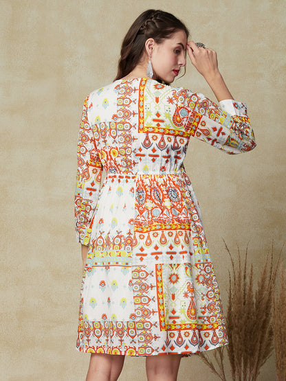 Floral & Abstract Printed Bishop Sleeves Flared Dress - Multi