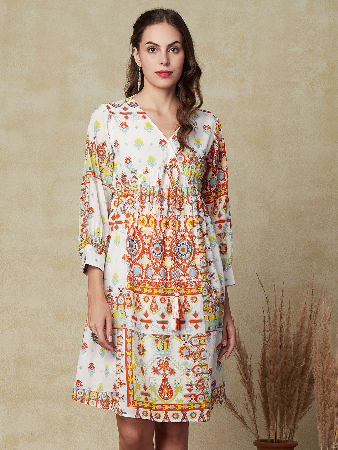 Floral & Abstract Printed Bishop Sleeves Flared Dress - Multi