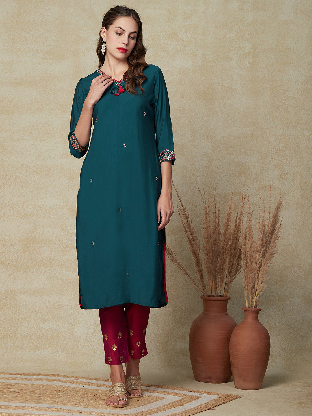 Solid Mirror, Sequins, Resham & Zari Embroidered Kurta - Teal