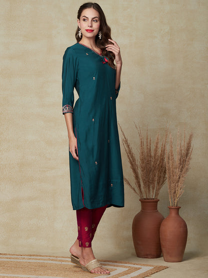 Solid Mirror, Sequins, Resham & Zari Embroidered Kurta - Teal