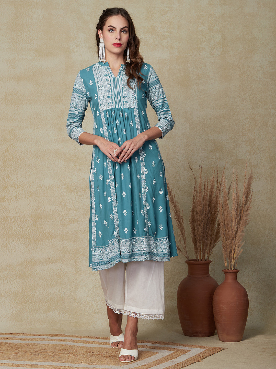 Floral Printed Sequins & Beads Embroidered Pleated Panel Kurta - Blue