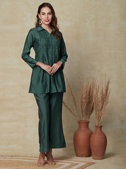 Solid Mirror Embroidered Pin-Tucks Kurti with Pants Indo-Western Co-ord Set - Green